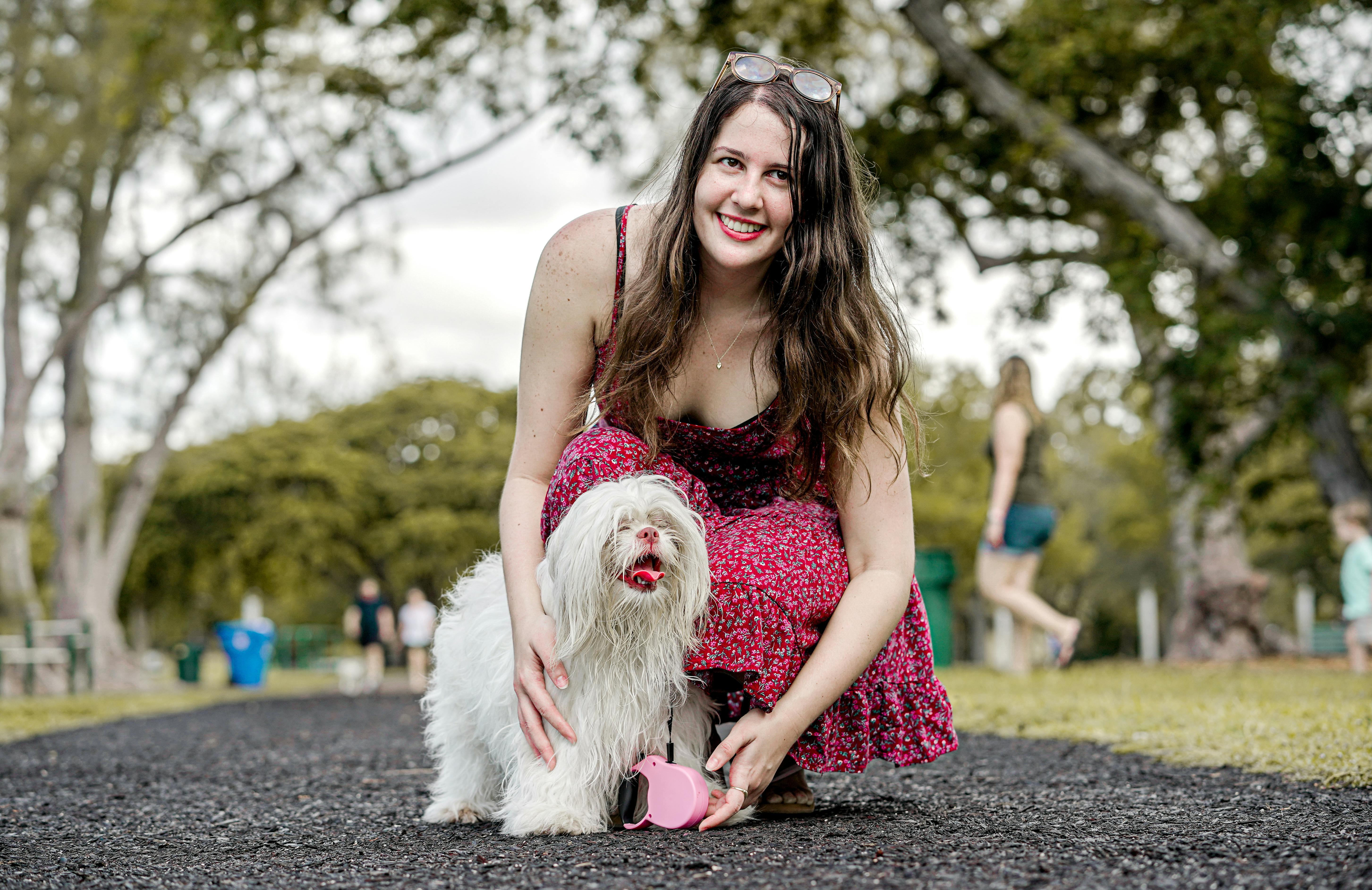 A dog walker with a dog on a city street.
